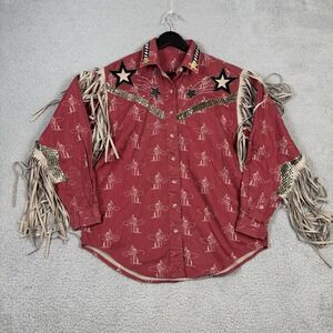 Barn Fly Shirt Womens Medium Western Rodeo Fringe Rockabilly Hand Made Art AOP